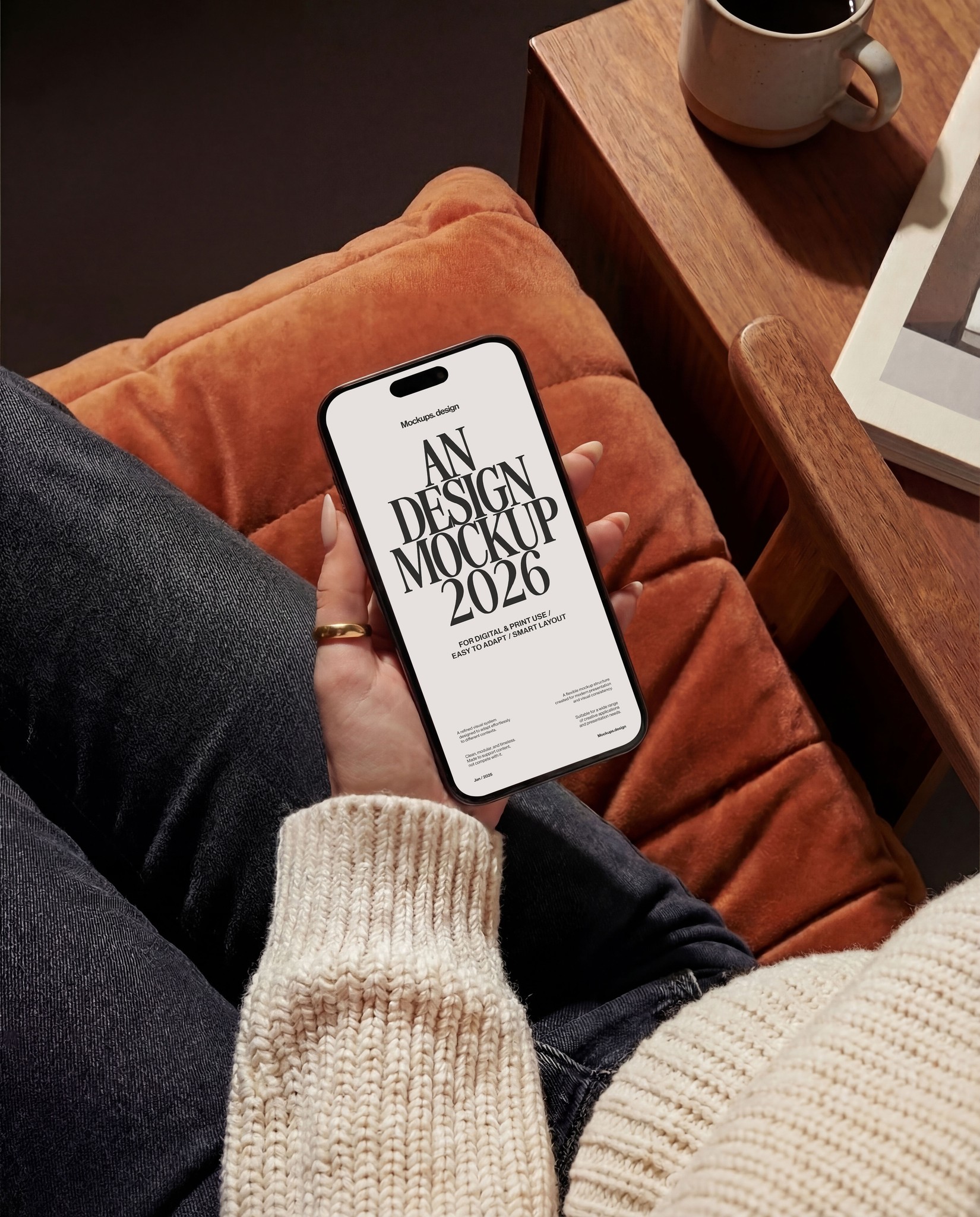 Hand holding iPhone 16 mockup indoors at home