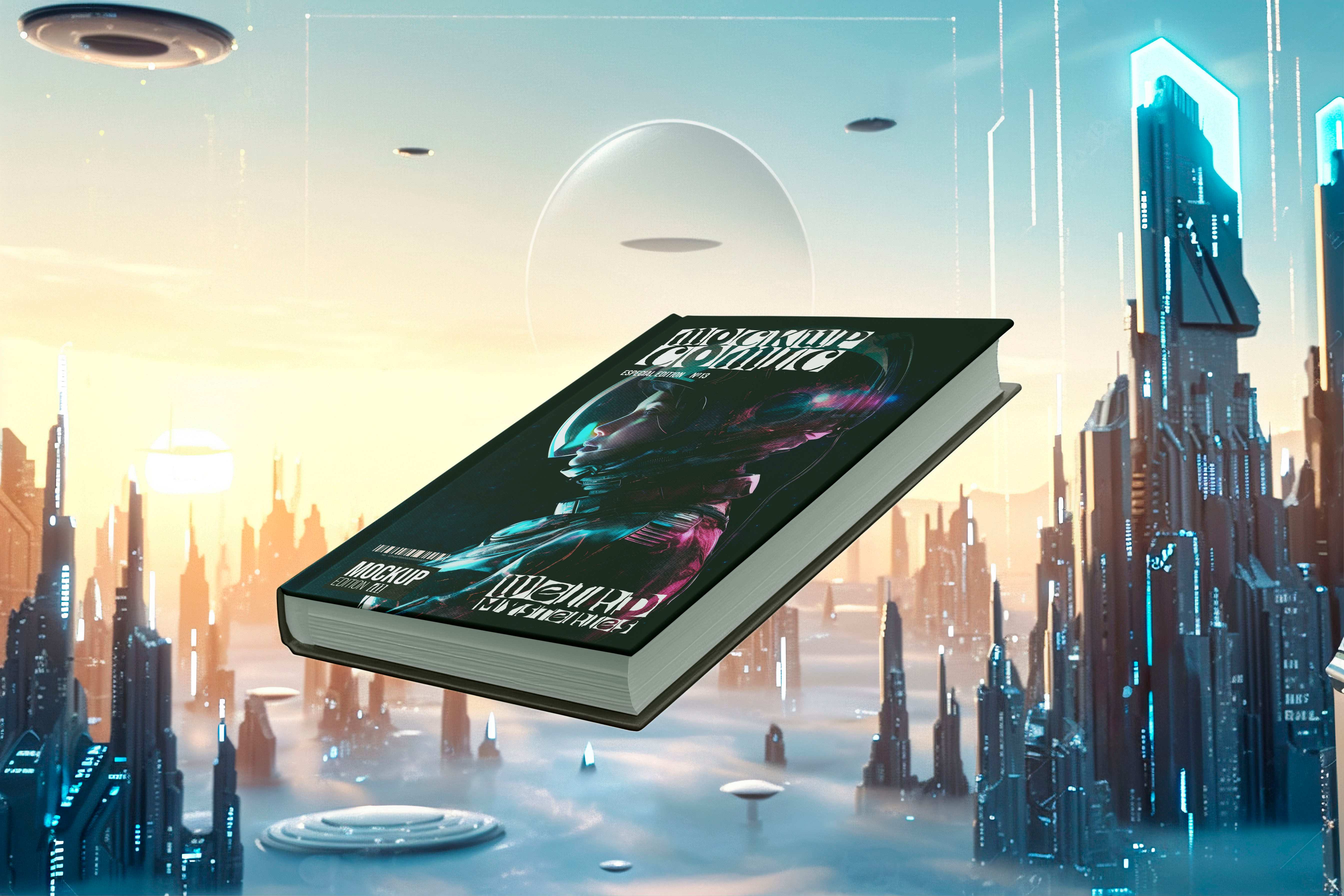 A futuristic cityscape with flying saucers and tall buildings. A book with a sci-fi cover floats in the foreground.