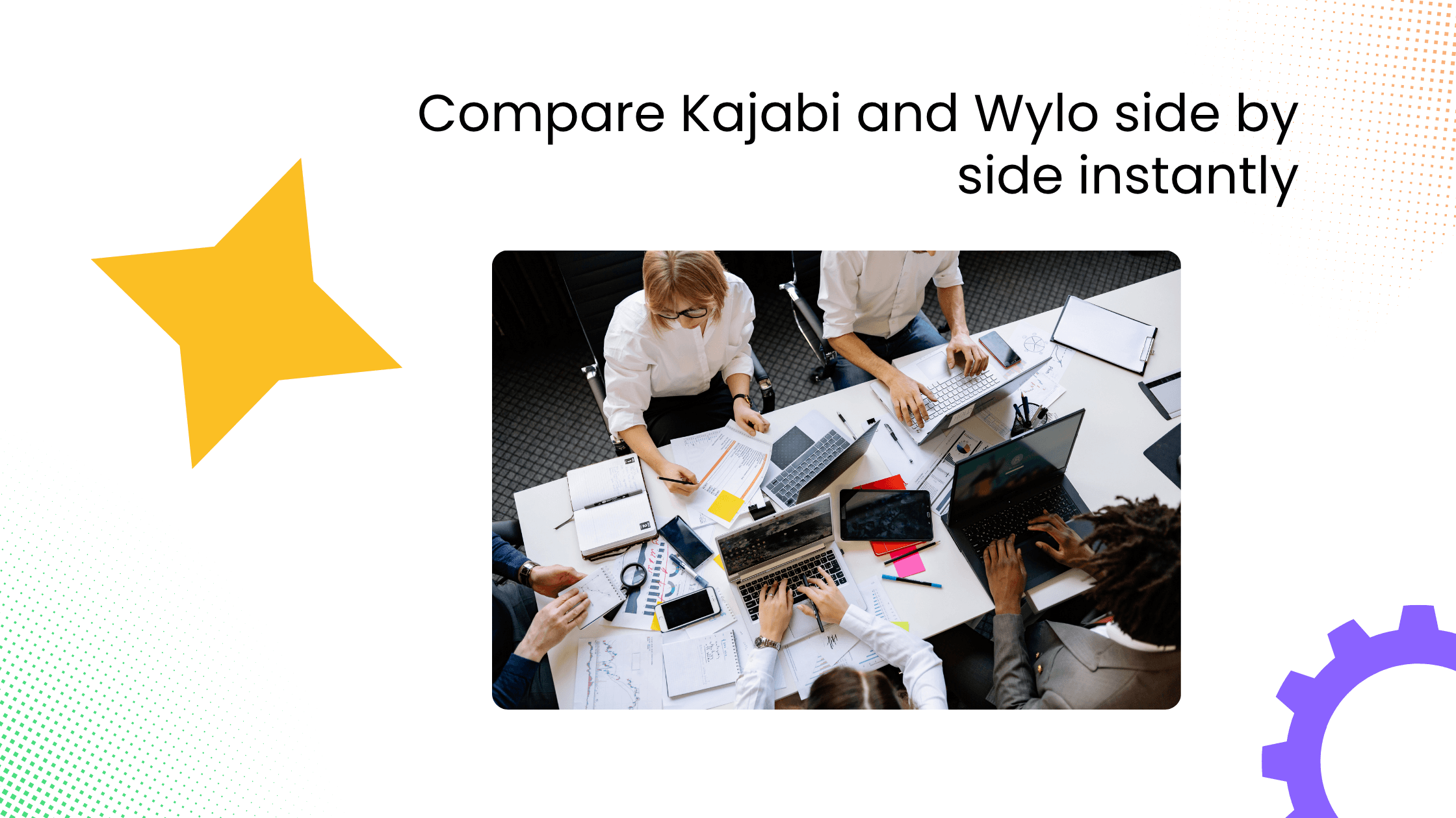 Team reviewing documents around a desk in a creative comparing Kajabi and Wylo coaching platforms.