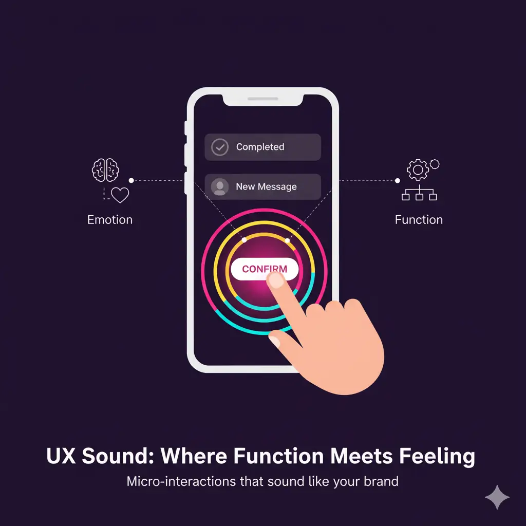 An illustration titled "UX Sound: Where Function Meets Feeling." A hand with a pointing finger is shown pressing a "Confirm" button on a smartphone screen. As the button is pressed, colorful, concentric sound waves emanate from it. On the left side, a stylized brain icon with a heart represents "Emotion," connected to the phone. On the right, a gear icon represents "Function," also connected to the phone. Above the phone screen, simplified UI elements like "Completed" and "New Message" are visible. The overall image highlights how micro-interactions in a product create both emotional connection and functional guidance through sound.