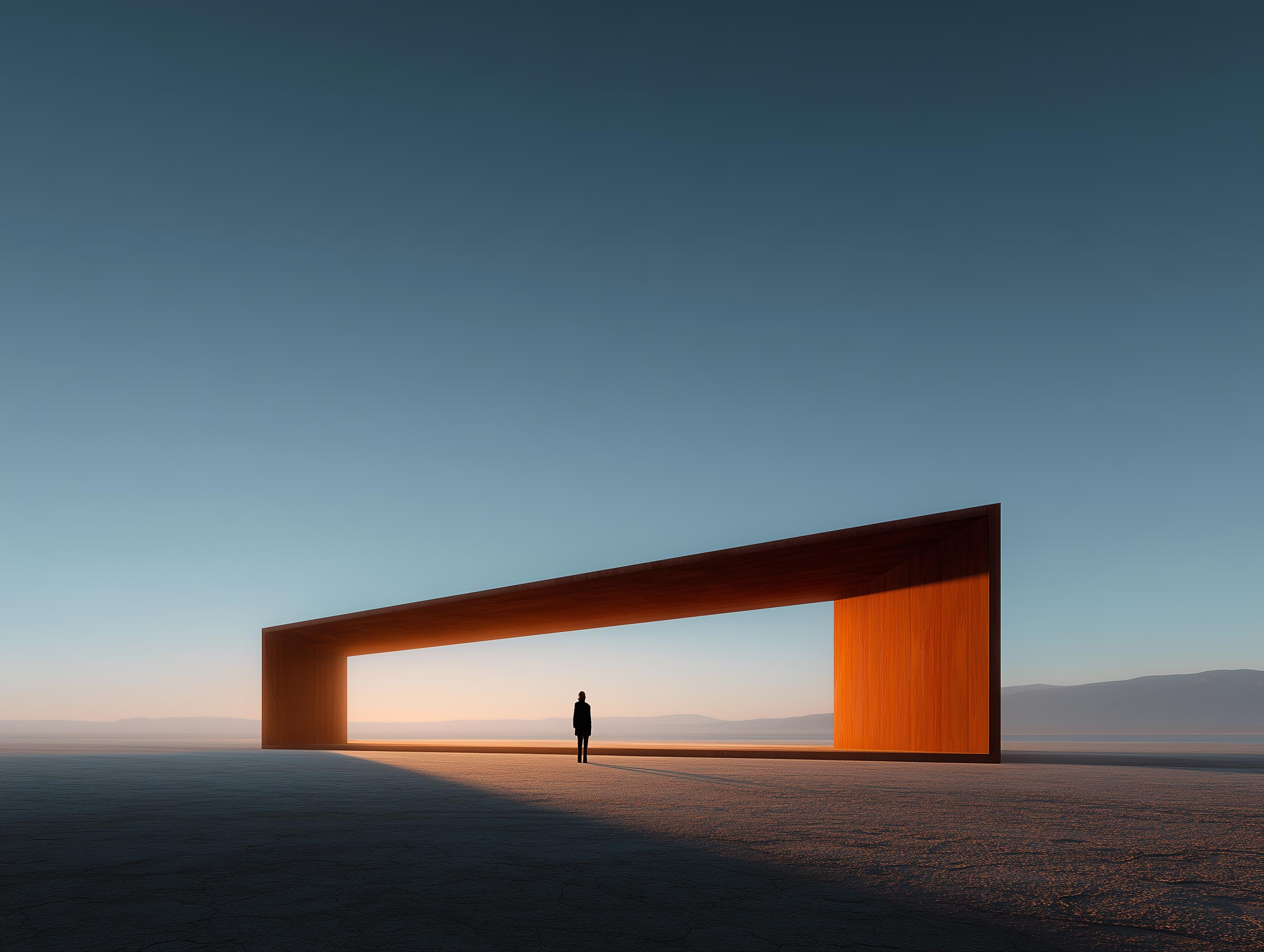 A monumental open-air pavilion standing alone in the desert at dawn, long shadows cutting across the sand.