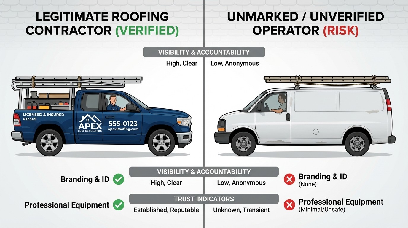 Comparison of branded roofing company truck versus suspicious unmarked vehicle used by storm chasers