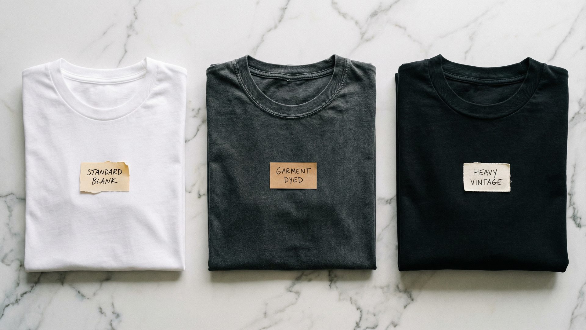 Three folded t-shirts side by side on a white marble surface representing different blank tiers: a standard white blank, a rich garment-dyed charcoal, and a heavy structured vintage black.