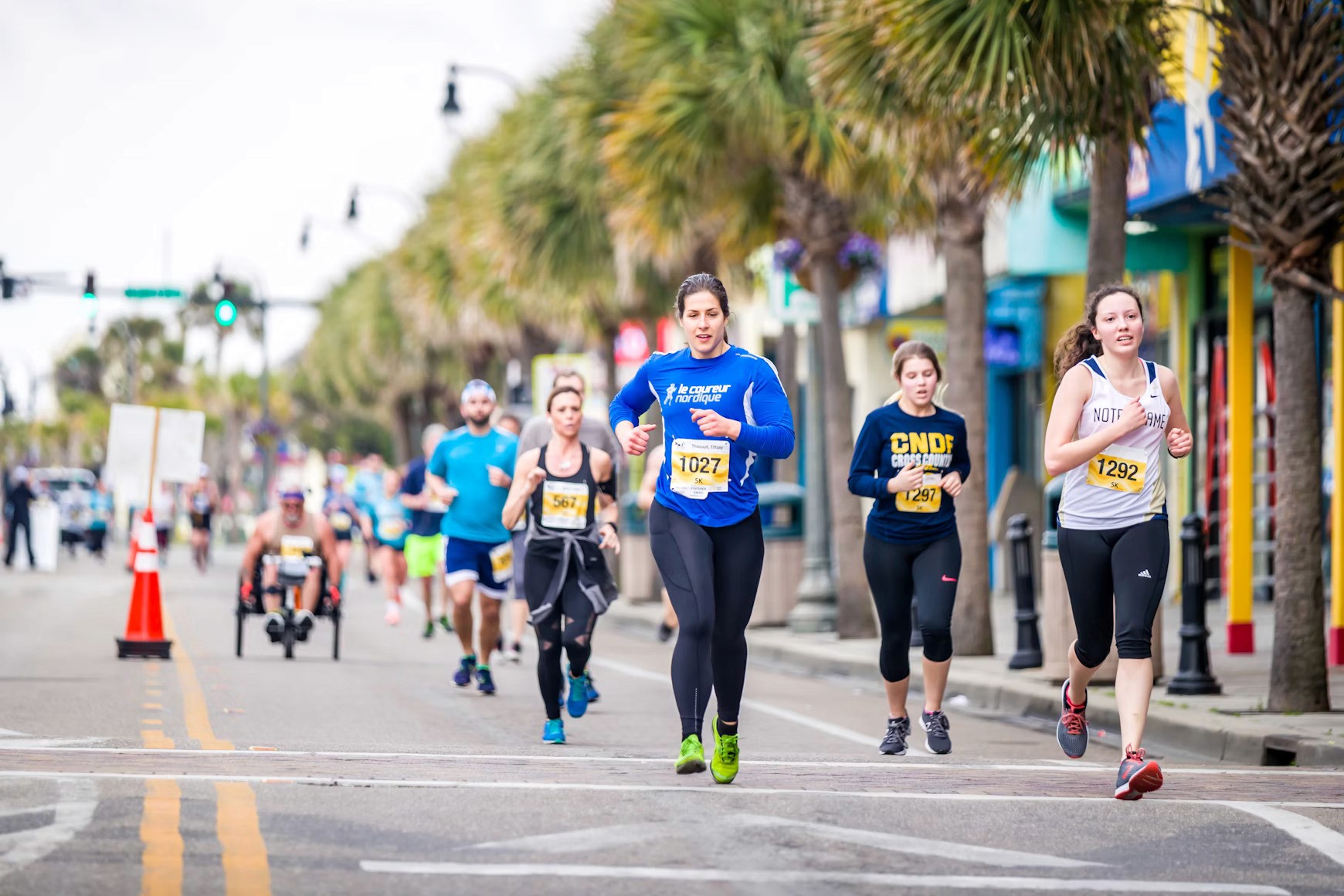 People running a marathon on a city street lined with palm trees.
