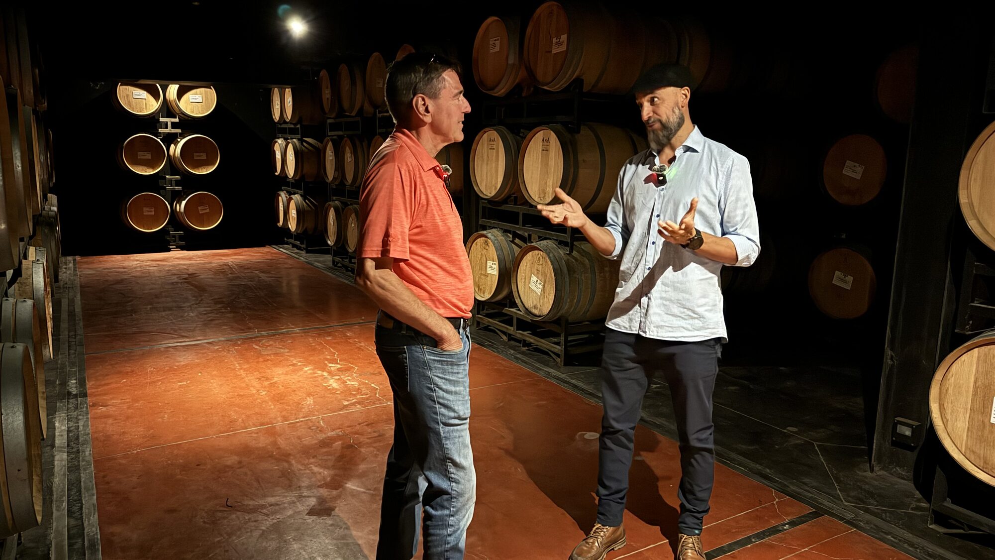 Winemaker Javier Lo Forte speaking during a visit to Pulenta Estate in Mendoza"