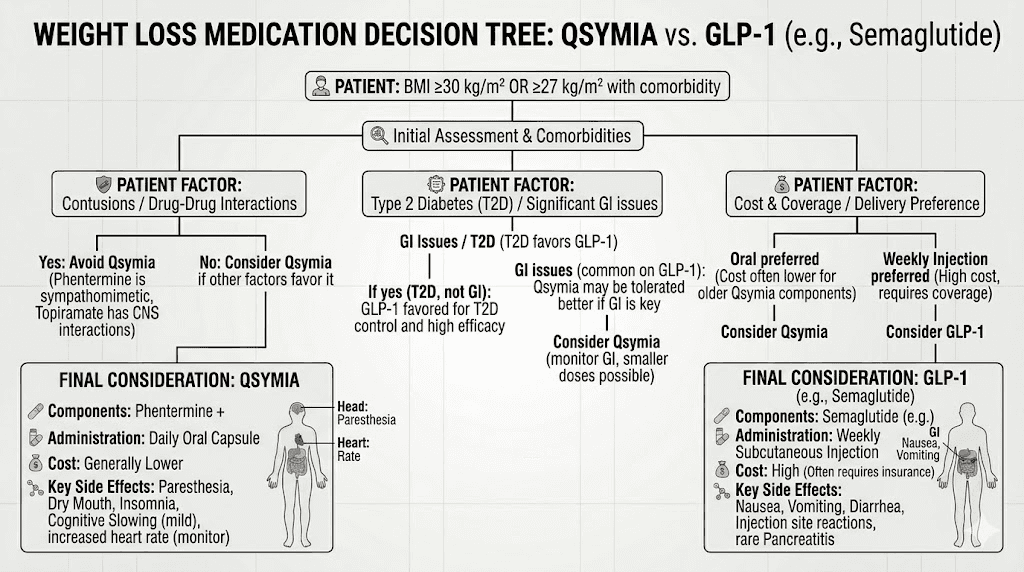 Decision guide choosing between Qsymia and GLP-1 medications for weight loss