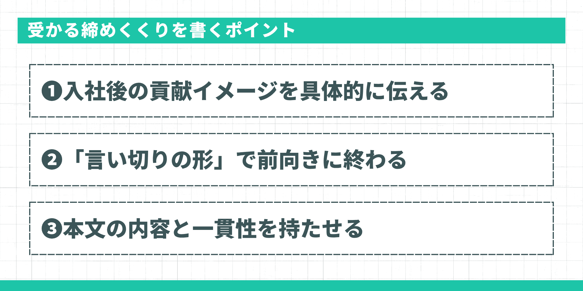 受かる締めくくりを書くポイント：①入社後の貢献イメージを具体的に伝える ②「言い切りの形」で前向きに終わる ③本文の内容と一貫性を持たせる