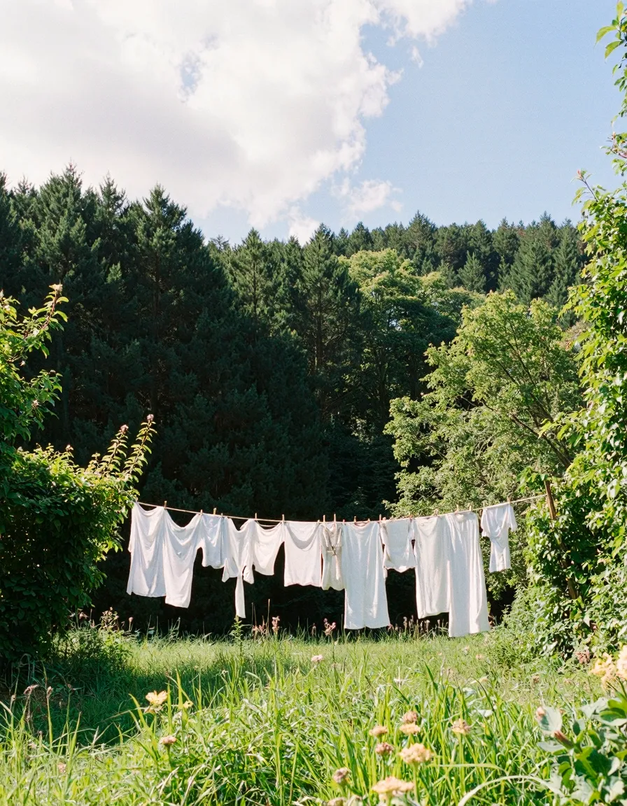 White laundry hanging on clothesline against lush green forest backdrop, sunlight filtering through trees in a serene countryside setting.