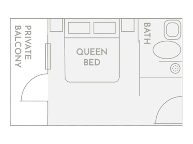 Floor plan of Club Vieques Room 11, featuring a queen bed, private balcony, and bath area.