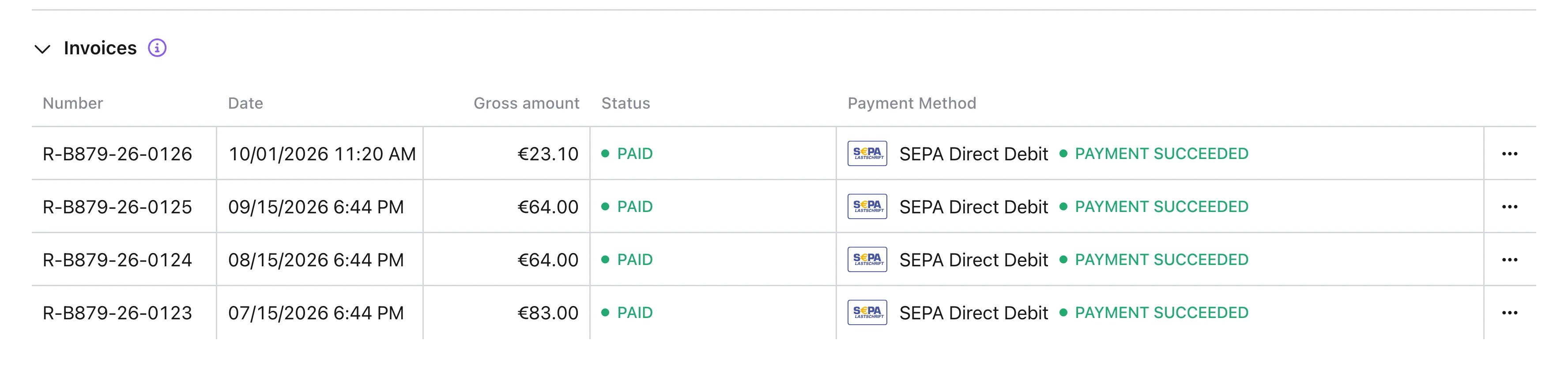 Membership invoices in the admin: number, date, amount, paid by SEPA direct debit