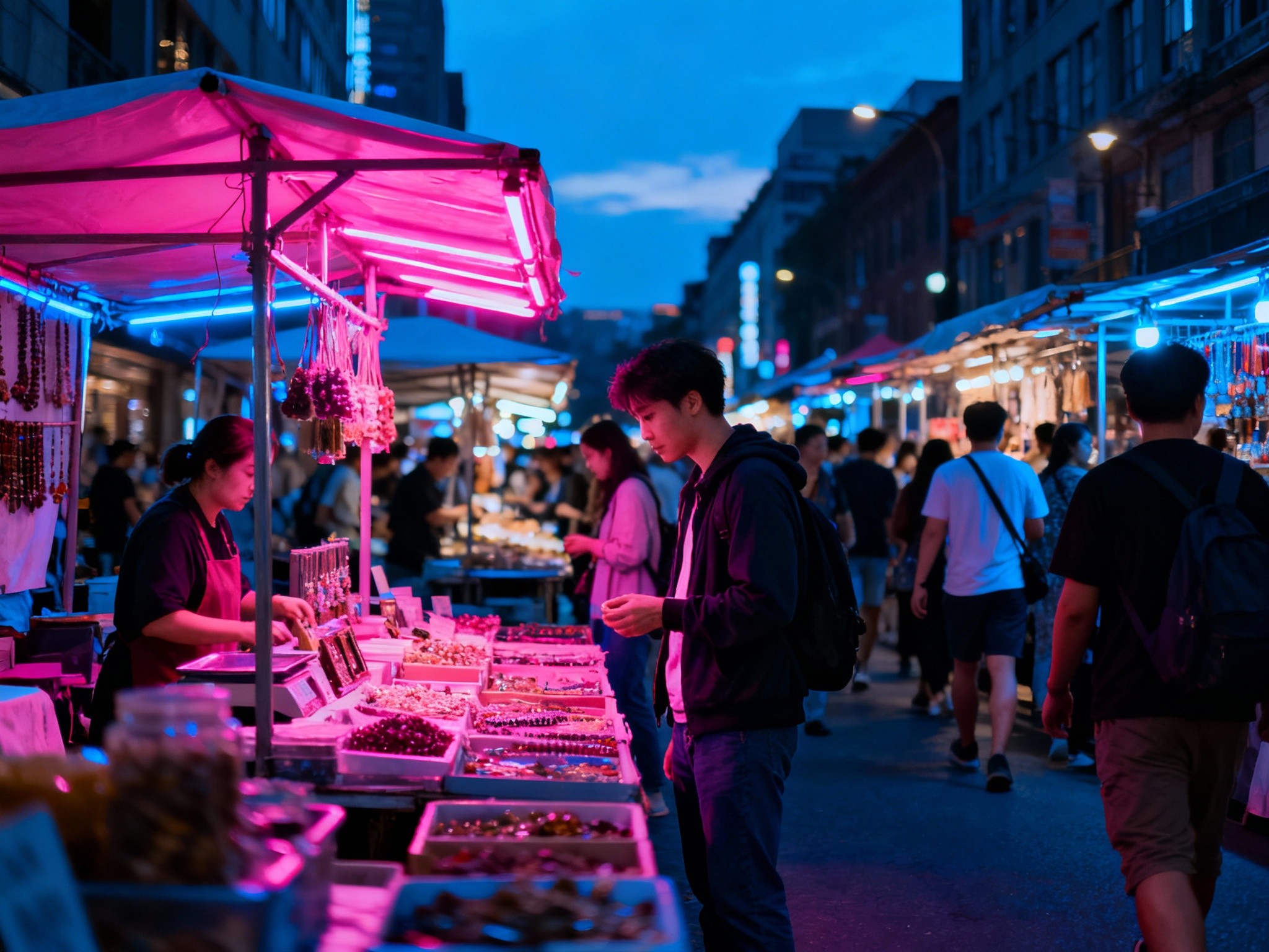 A dynamic wide-angle editorial photograph of a bustling urban street market at twilight, showcasing