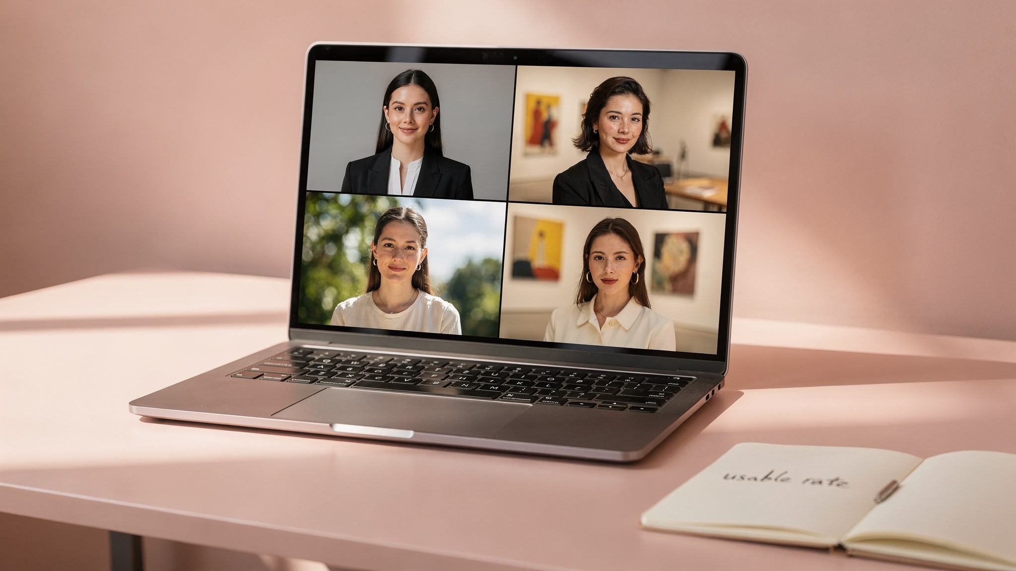 Editorial mockup: a grid of varied AI portrait styles - corporate, casual, creative, lifestyle - showing the variety play vs the realism play on a pink desk