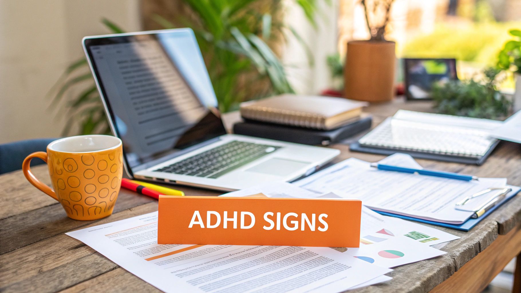 An adult working at a cluttered desk, looking overwhelmed, which illustrates the inattentive and organizational challenges of adult ADHD.