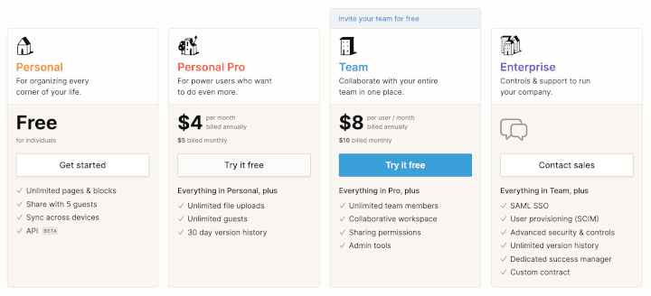 Pricing plan @ Notion