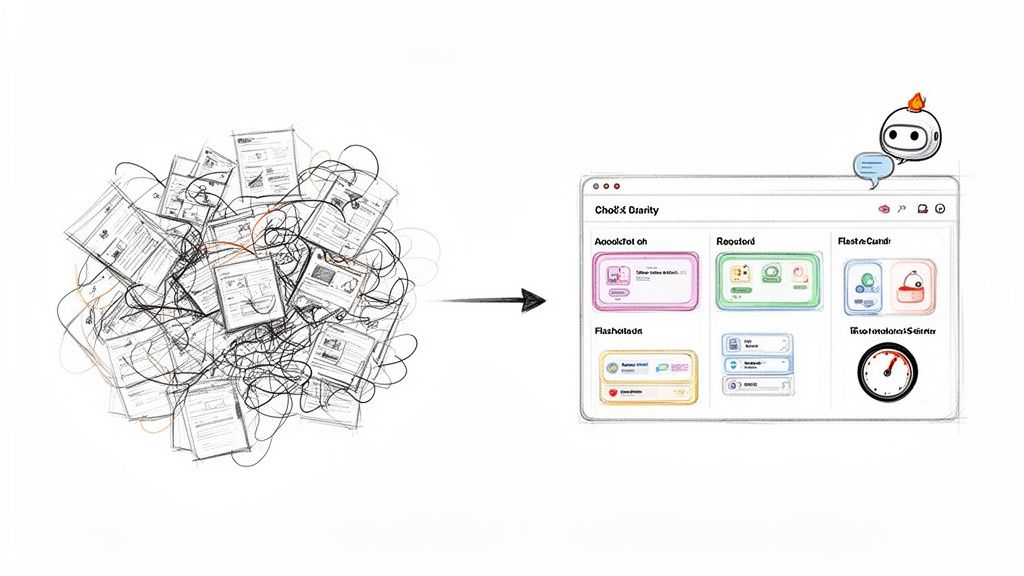 A cluttered pile of documents transforms into a clean, organized digital dashboard with a friendly AI bot.