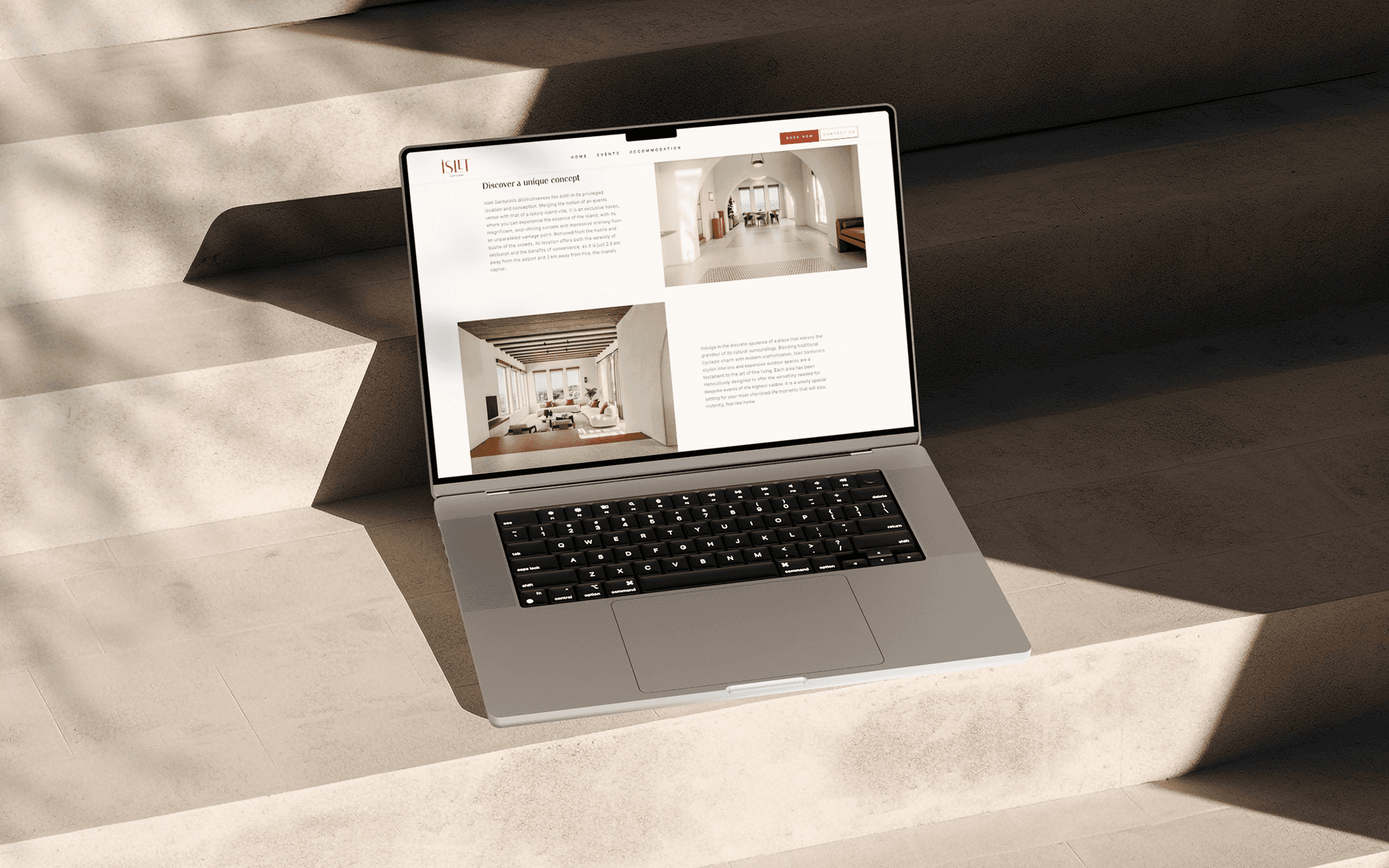 ISLET Santorini identity applied to website design, with a clean structure and focus on user experience