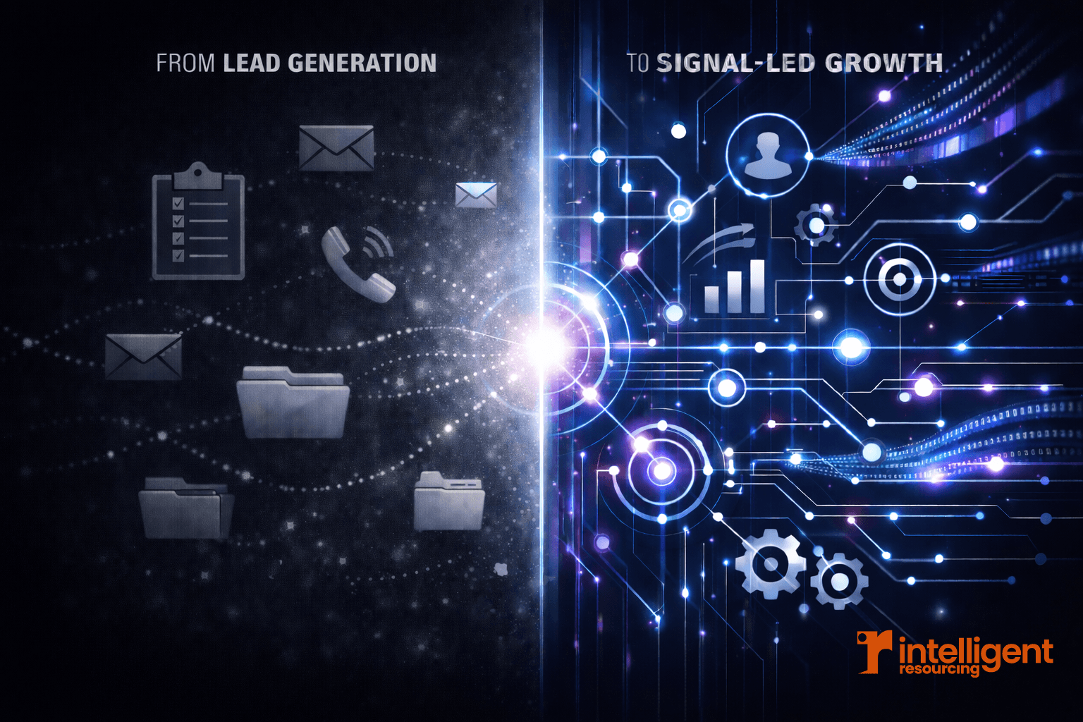Hero image showing old lead generation fading into signal-led growth, with scattered outreach icons on the left and a glowing automated revenue system on the right.