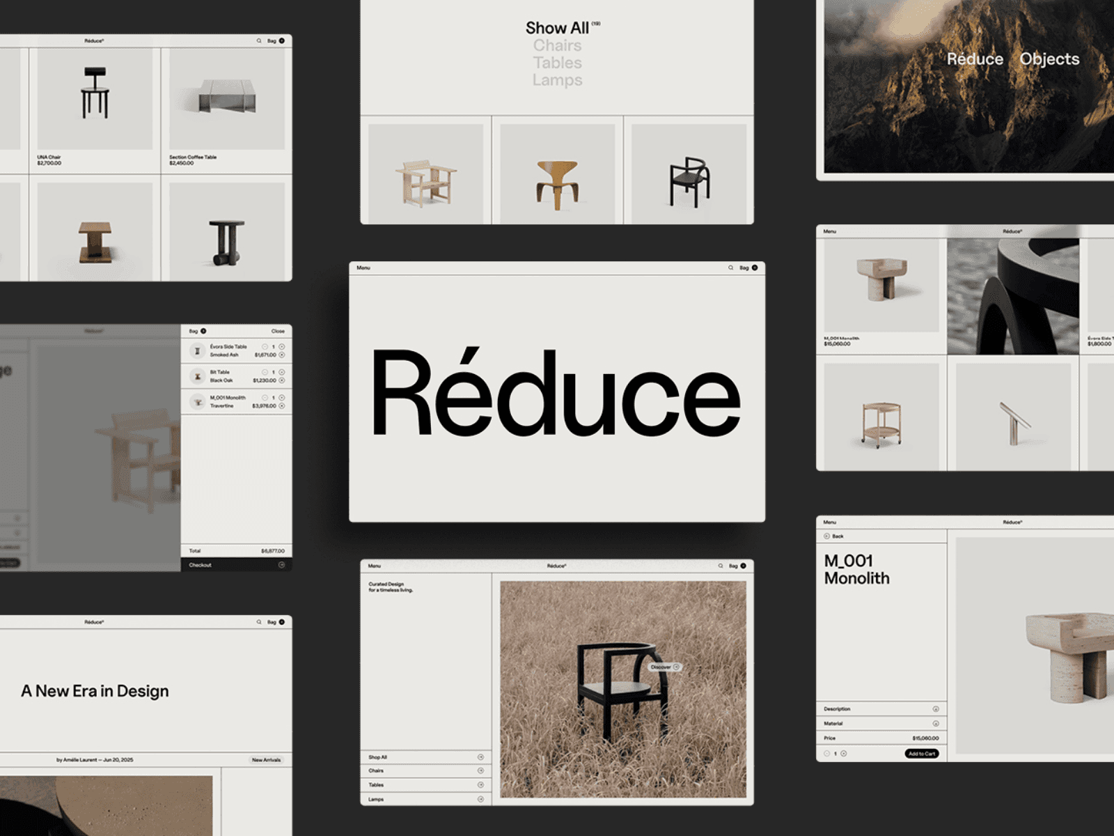 FF Shop Framer ecommerce template showing furniture product grids, category pages, a shopping cart, and product details.