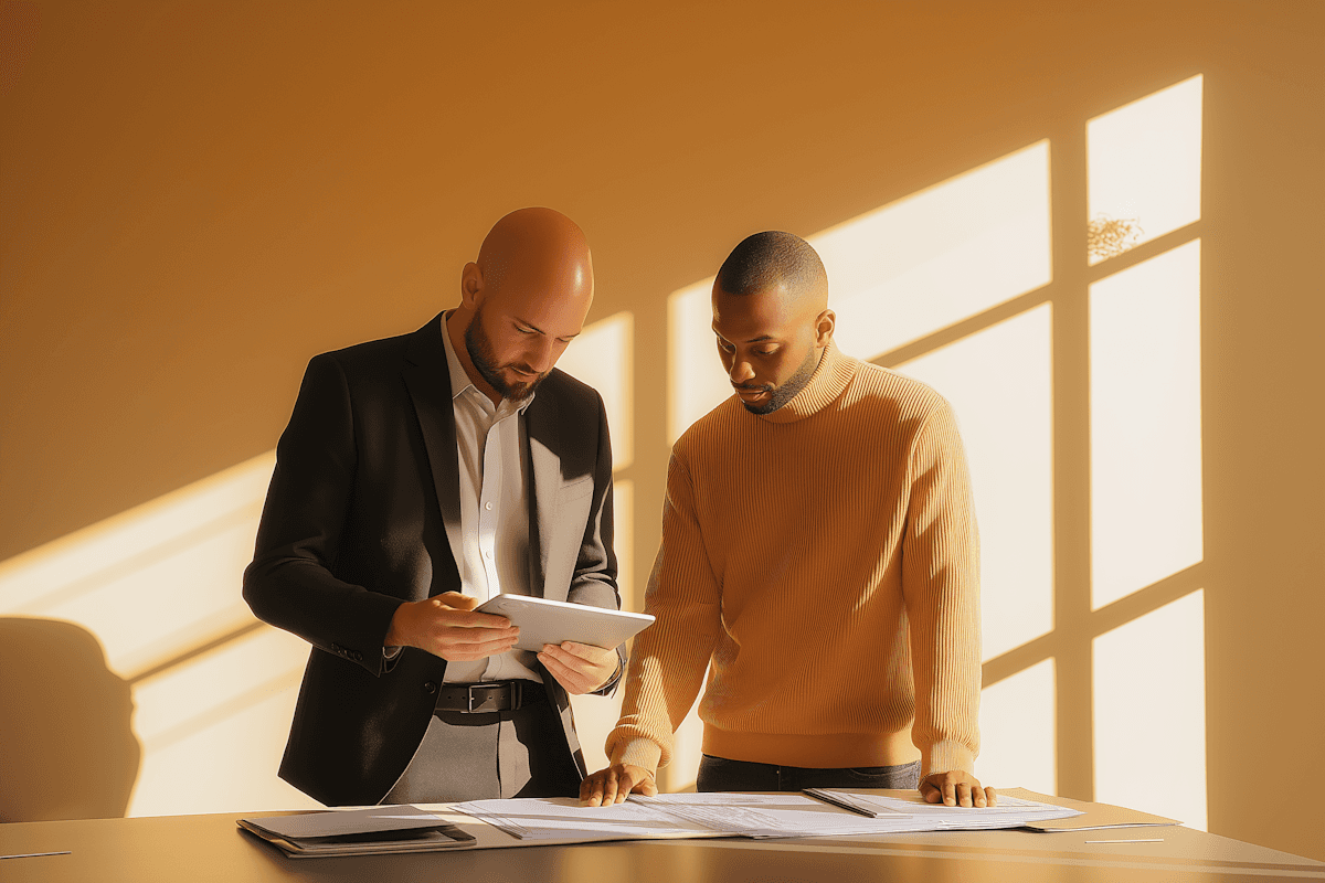 Image of two people discussing