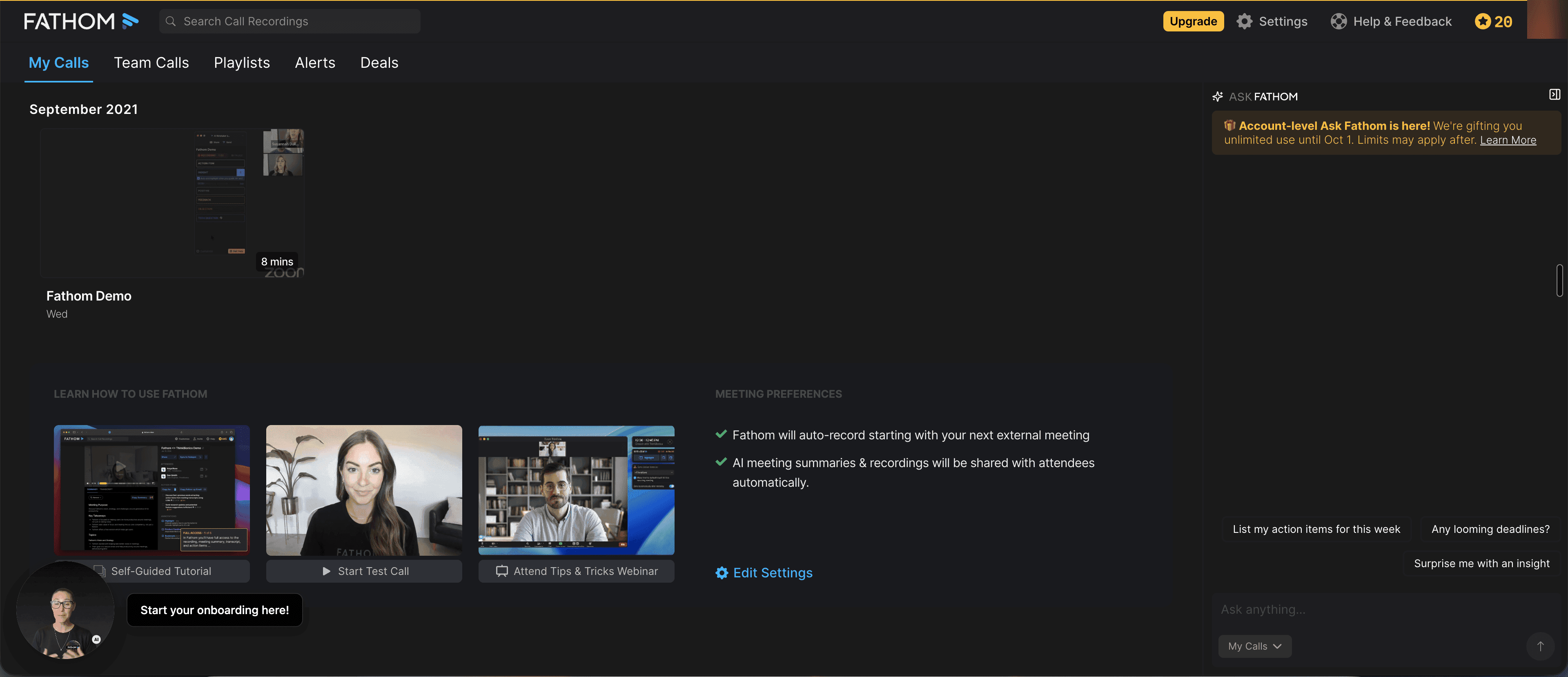 Fathom dashboard after signing in