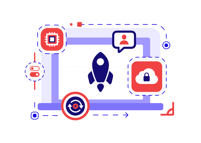 Illustration showing a laptop with a rocket and compositions of icons representing Future-proofing