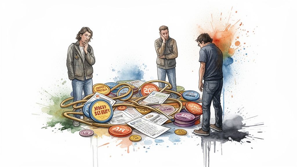 Three men look perplexed at a tangled heap of colorful tokens and papers, possibly representing complex loyalty program tiers.