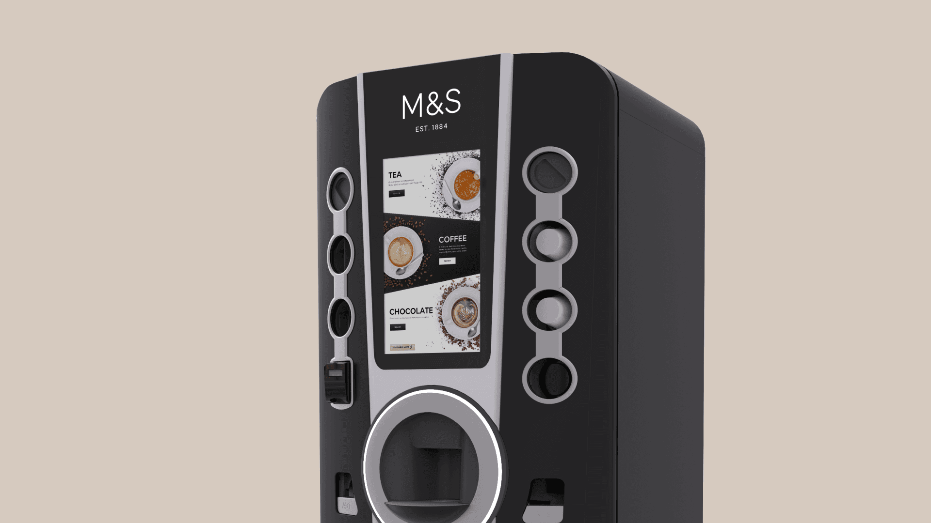A 3D render of a Marks & Spencer's "M&S" self-service coffee machine, showing the digital touch screen UI with options for Tea, Coffee, and Chocolate. The design emphasizes a modern, minimalist product design aesthetic.