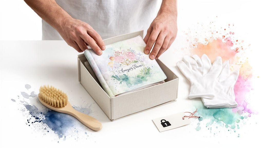 Hands carefully place a personalized watercolor floral baby book into a keepsake gift box.