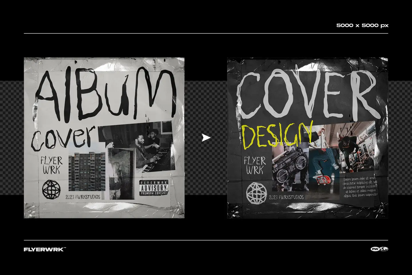 Two variations of a mixed media collage cover design featuring urban lifestyle and music photography