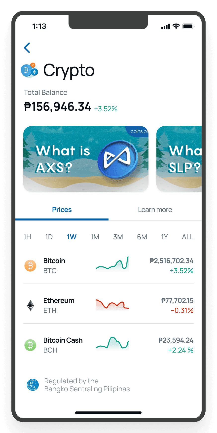 The screen shows a detailed list of cryptocurrency prices in a mobile app, featuring a profit and loss indicator, a graph of Bitcoin's price fluctuation and a list of other cryptocurrencies like Ethereum, Bitcoin Cash, and Ripple with their current prices and trends.