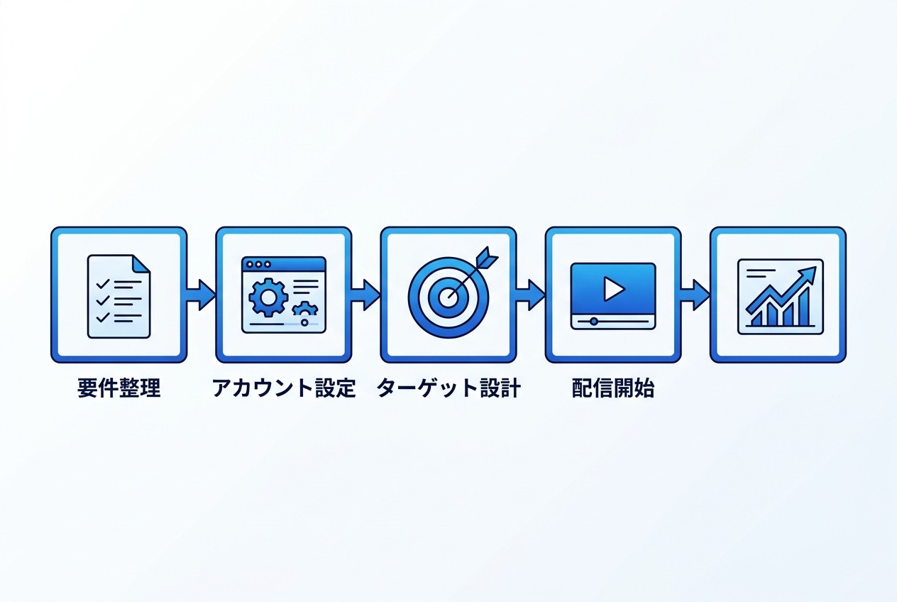 Amazon DSP運用開始の5ステップ。要件整理→アカウント設定→ターゲット設計→配信開始→効果測定のフローで、通常6〜8週間で本格運用に移行できる。