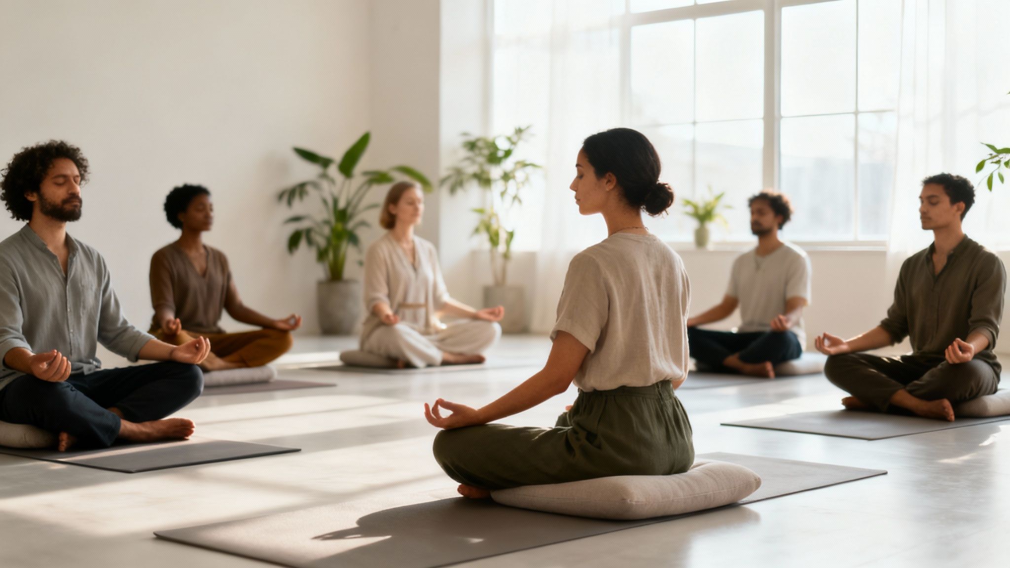 Un grupo diverso de personas medita tranquilamente en una sala iluminada por el sol.