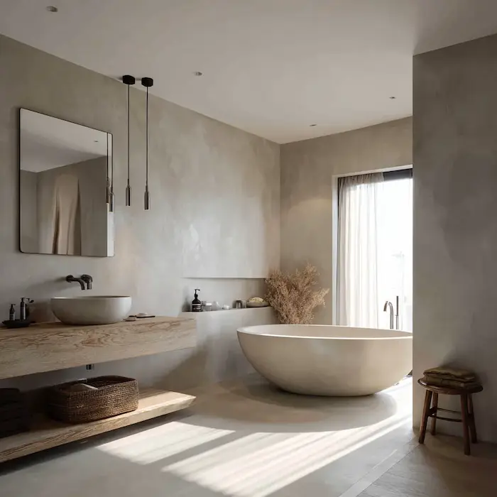 Reforma de baño moderno en Castellón con bañera exenta, lavabo suspendido y entrada de luz natural.