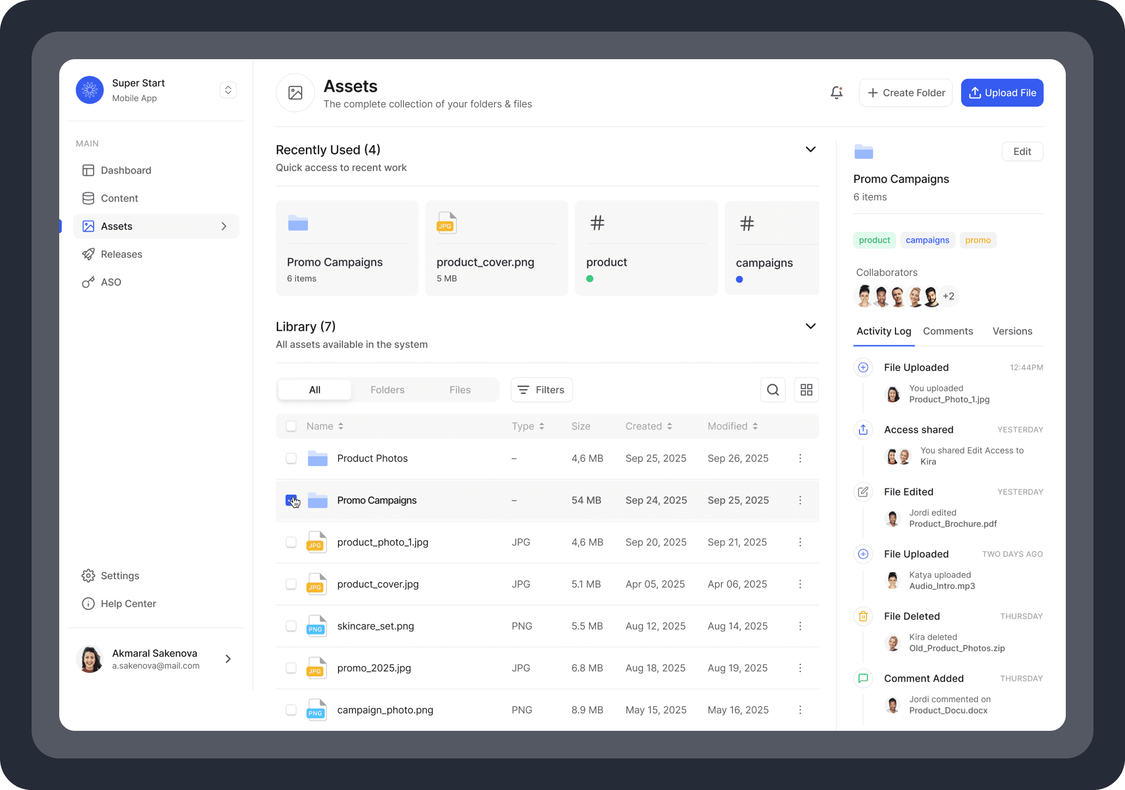 A high-fidelity UI design for a digital Asset Management dashboard. The interface features a left-hand navigation menu, a central file library with "Recently Used" and list views, and a right-hand sidebar displaying folder details, collaborators, and a detailed activity log