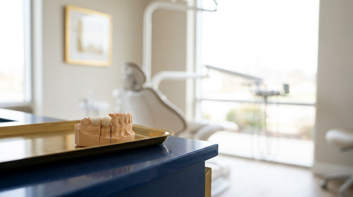 Dental model showing a crown sitting on a tooth where decay can start at the edge