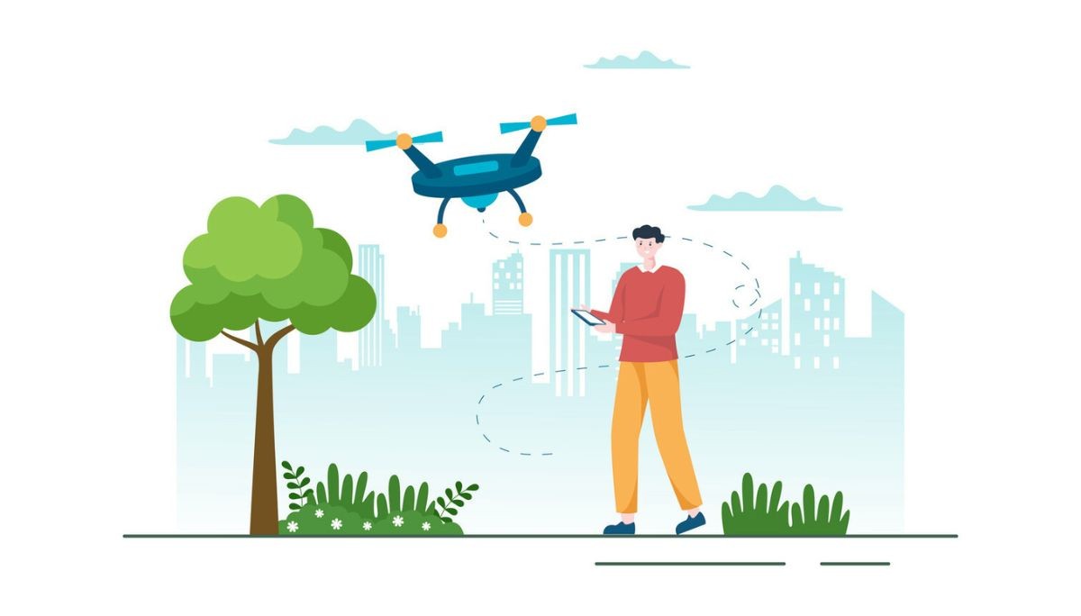 Illustration of a person flying a drone in a city park using a handheld controller, representing modern drone piloting and fieldwork.