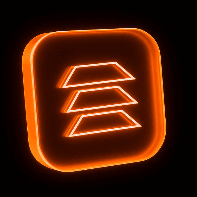 Glowing neon orange icon with stacked lines on a black background.