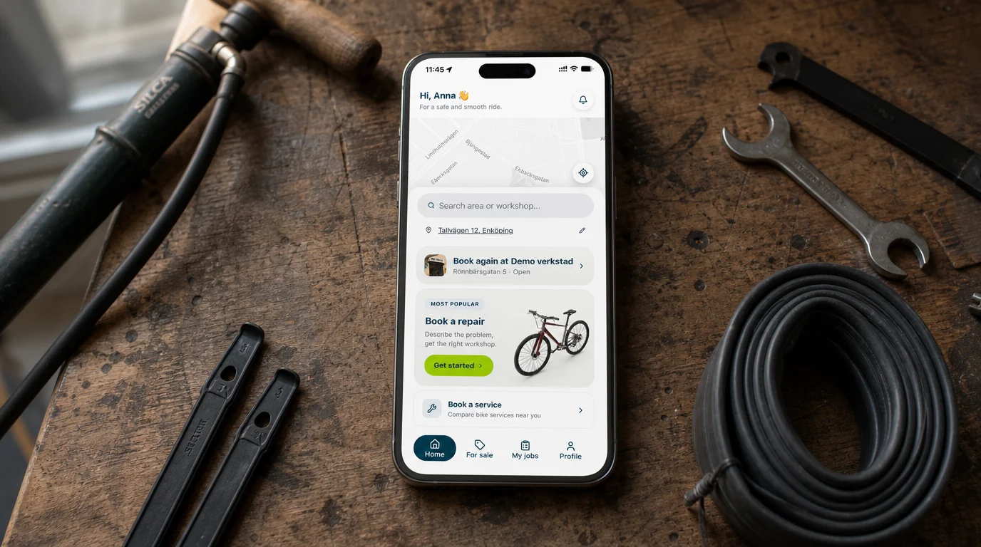 FixCykel home screen on a workbench, with a Book again at Demo verkstad card at the top