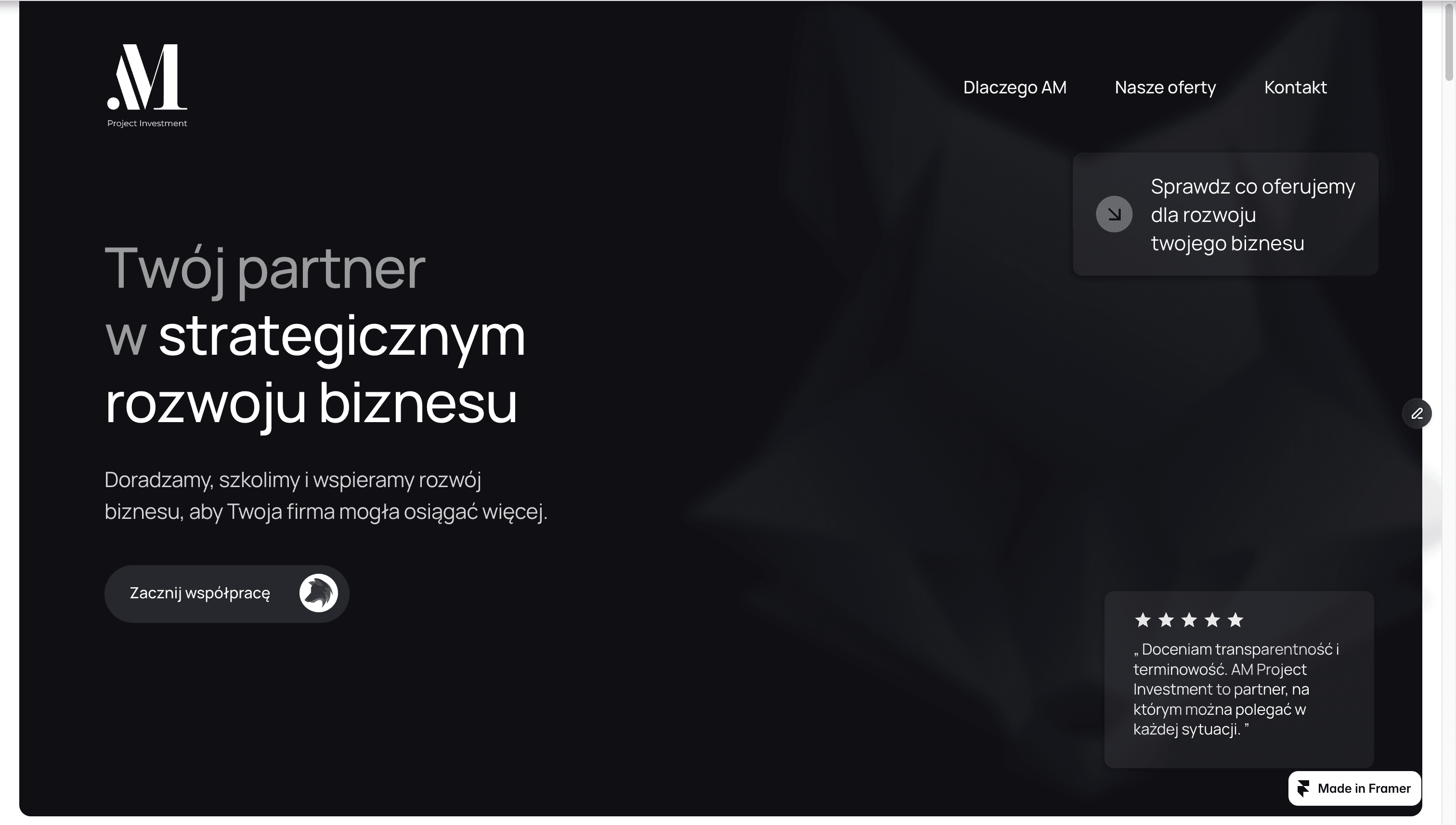 AM Project Investment website homepage built with Framer