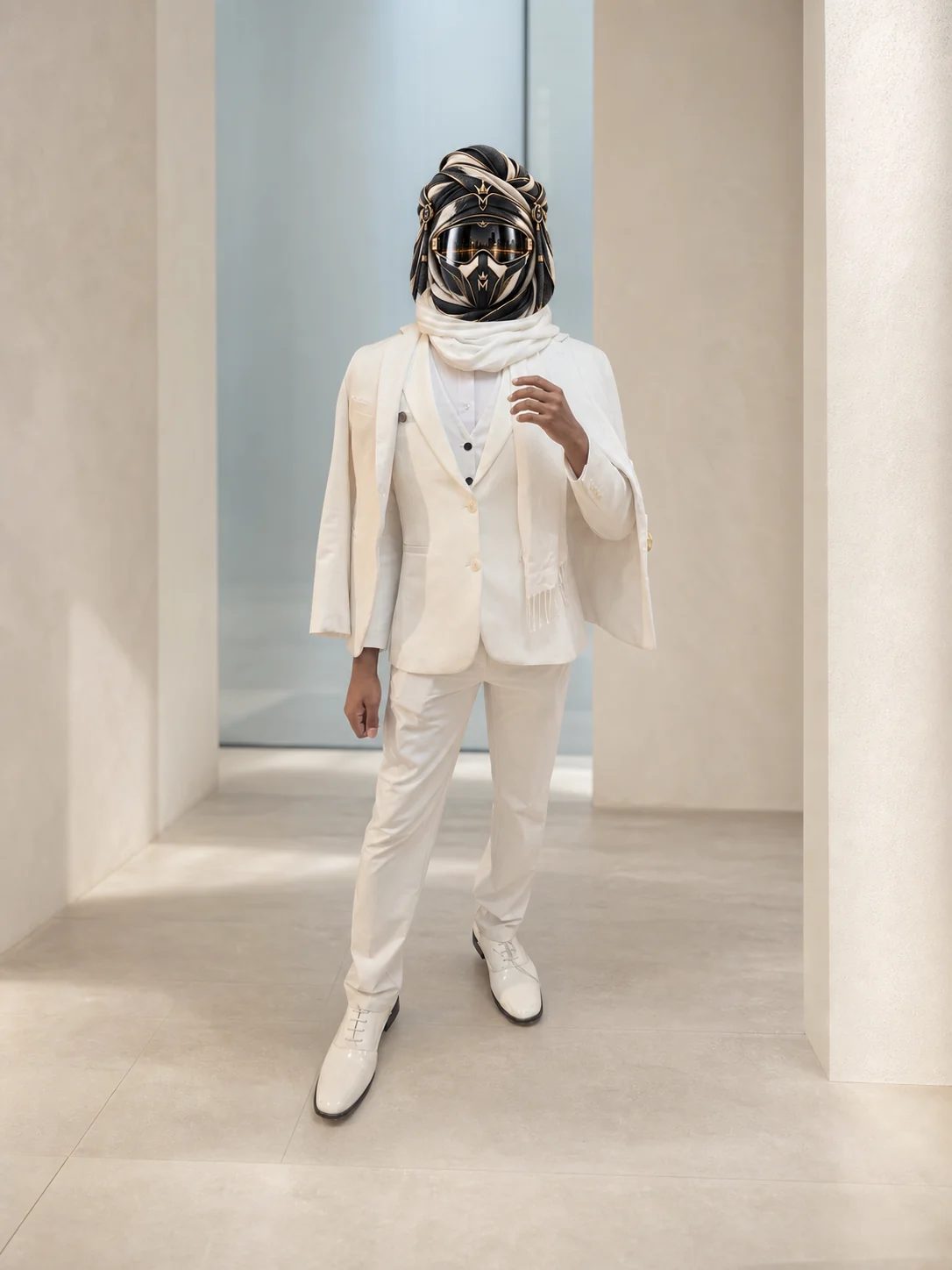 Full-length view of Cream Winter, a cream and white layered formal suit with a pale scarf, with the official Marzelest face covering.