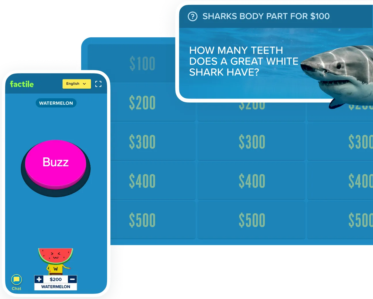 Plateau de jeu Factile Jeopardy avec une carte de question quiz sur les requins et un buzzer virtuel