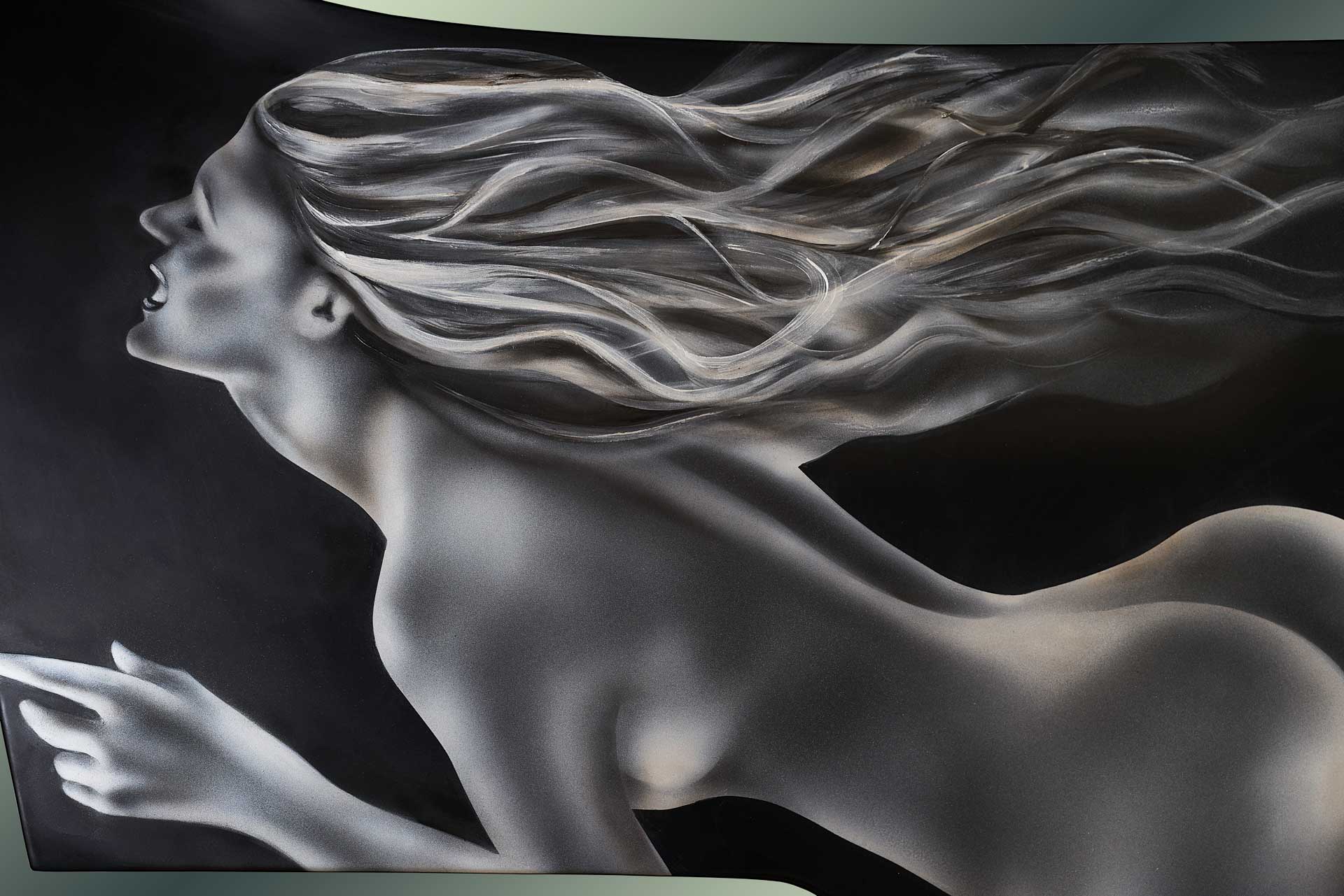 “The Girl on a Bugatti” Daniela Boo pinta una Bugatti rindiendo honores a la mítica película “The Girl on a Motorcycle” con Marianne Faithfull y Alain Delon. 