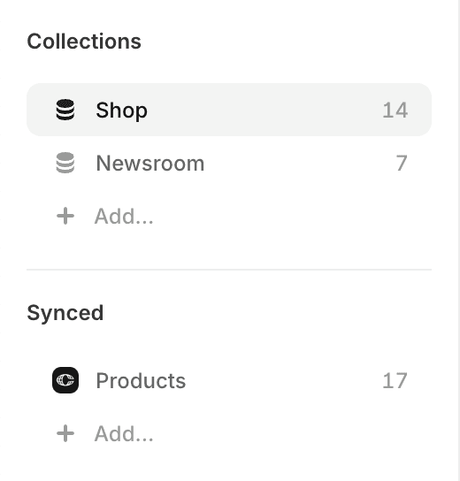 Framer CMS collections panel displaying Shop and Newsroom structure with 17 synced e-commerce products for dynamic inventory.