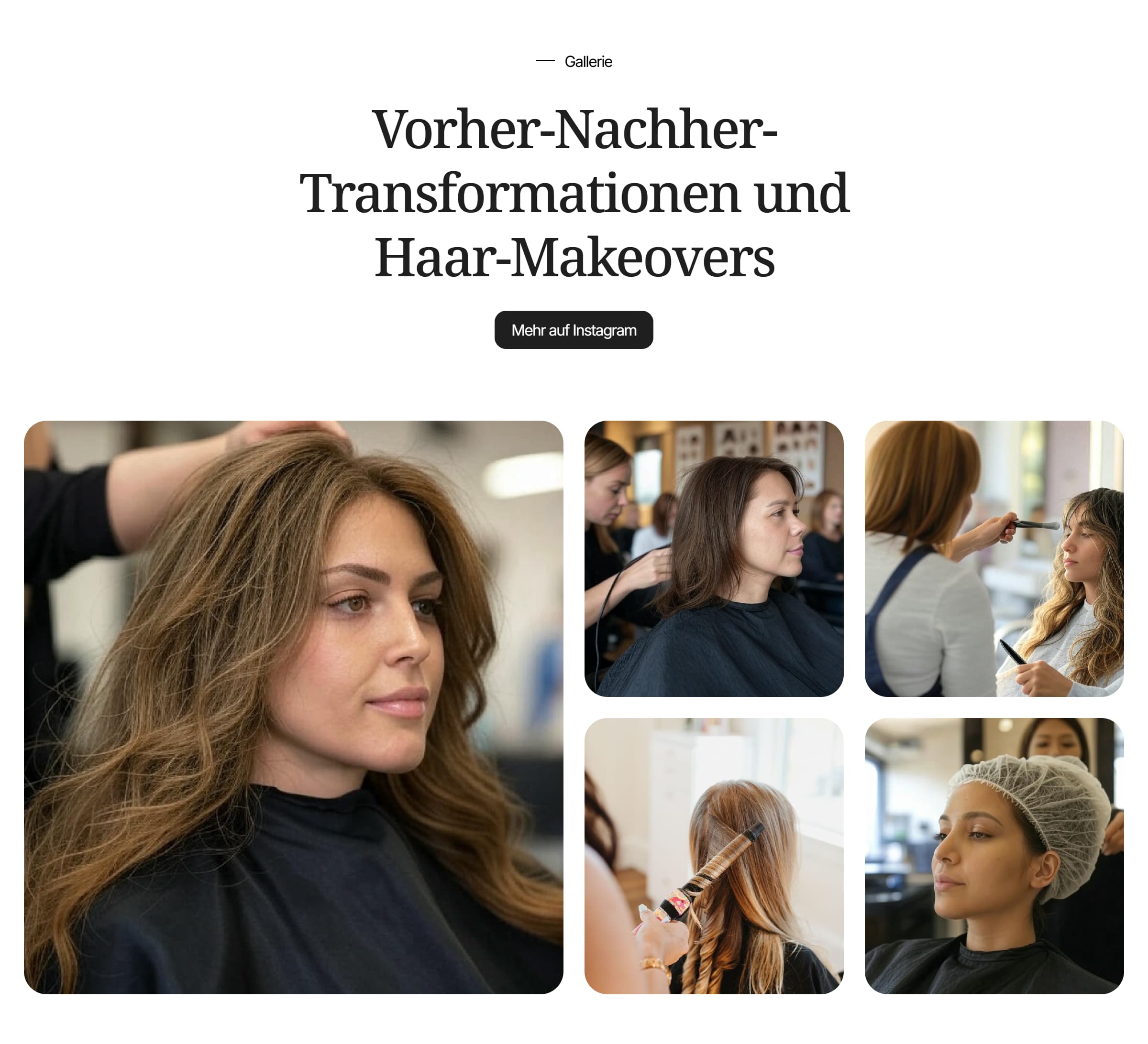 Eine Sektion einer Website auf der 5 bilder zu sehen sind, in den 5 bildern werden 5 frauen die haare geschnitten