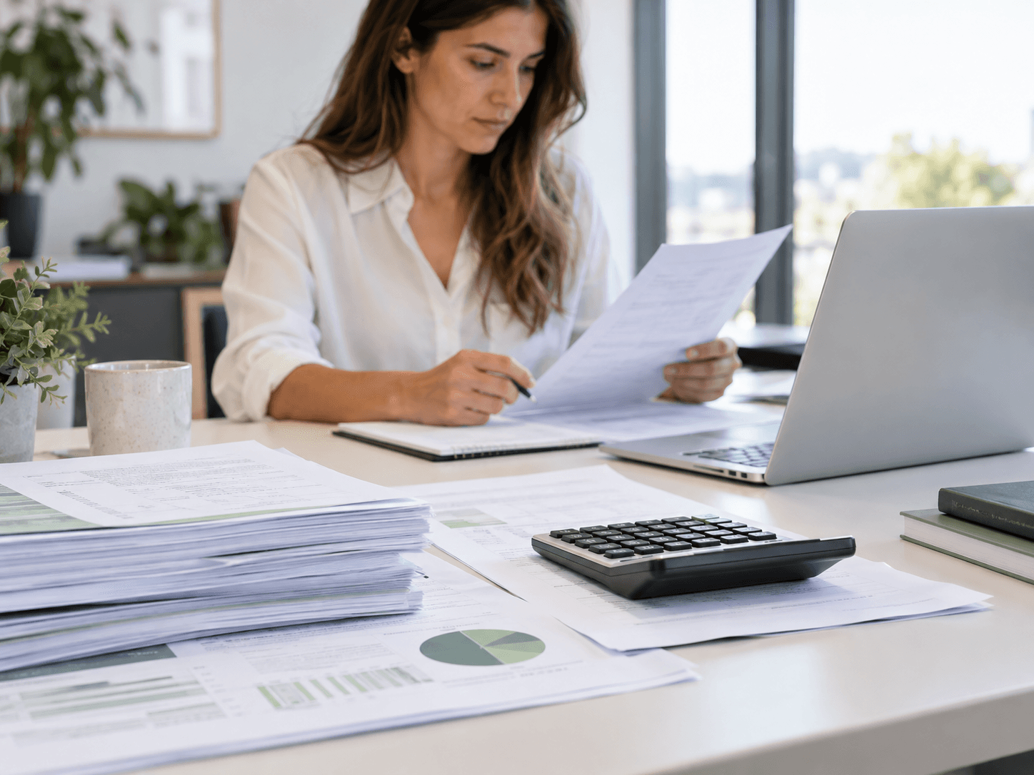 Documentación corporativa, calculadora y portátil sobre una mesa ordenada, profesional revisando detalles en segundo plano.