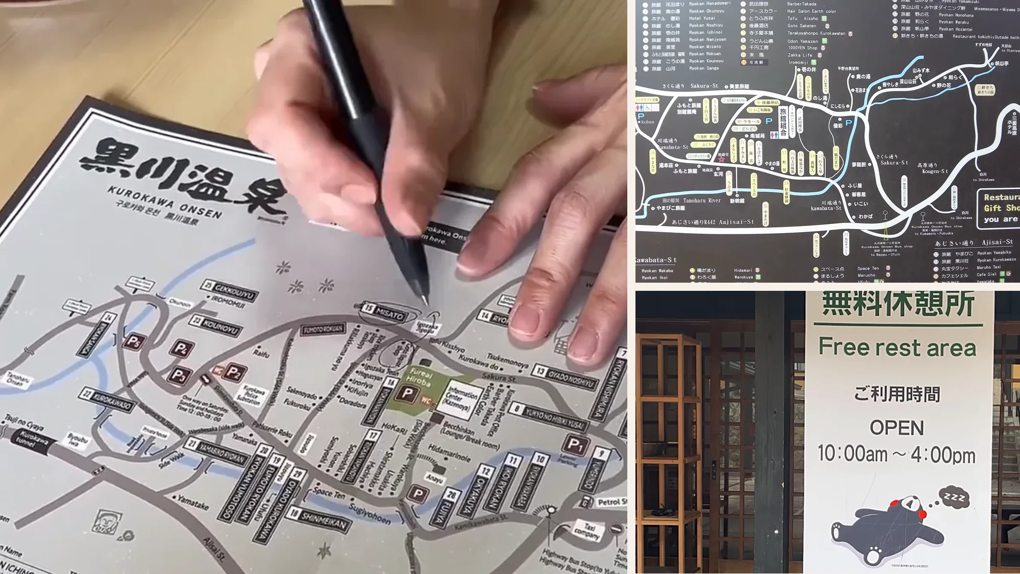 A hand marking a paper map of Kurokawa Onsen, beside the printed village map board and a free rest-area notice