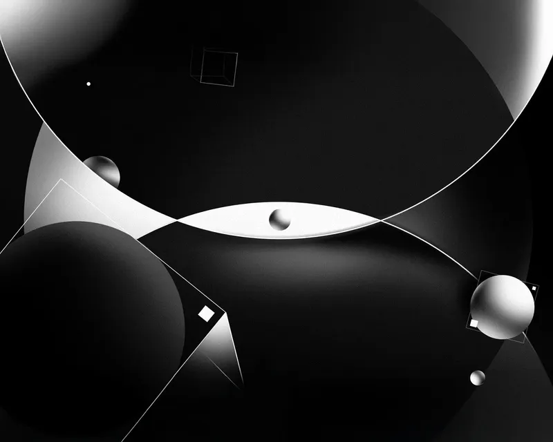 Abstract black and white design featuring overlapping circles and curves, creating a dynamic visual composition.