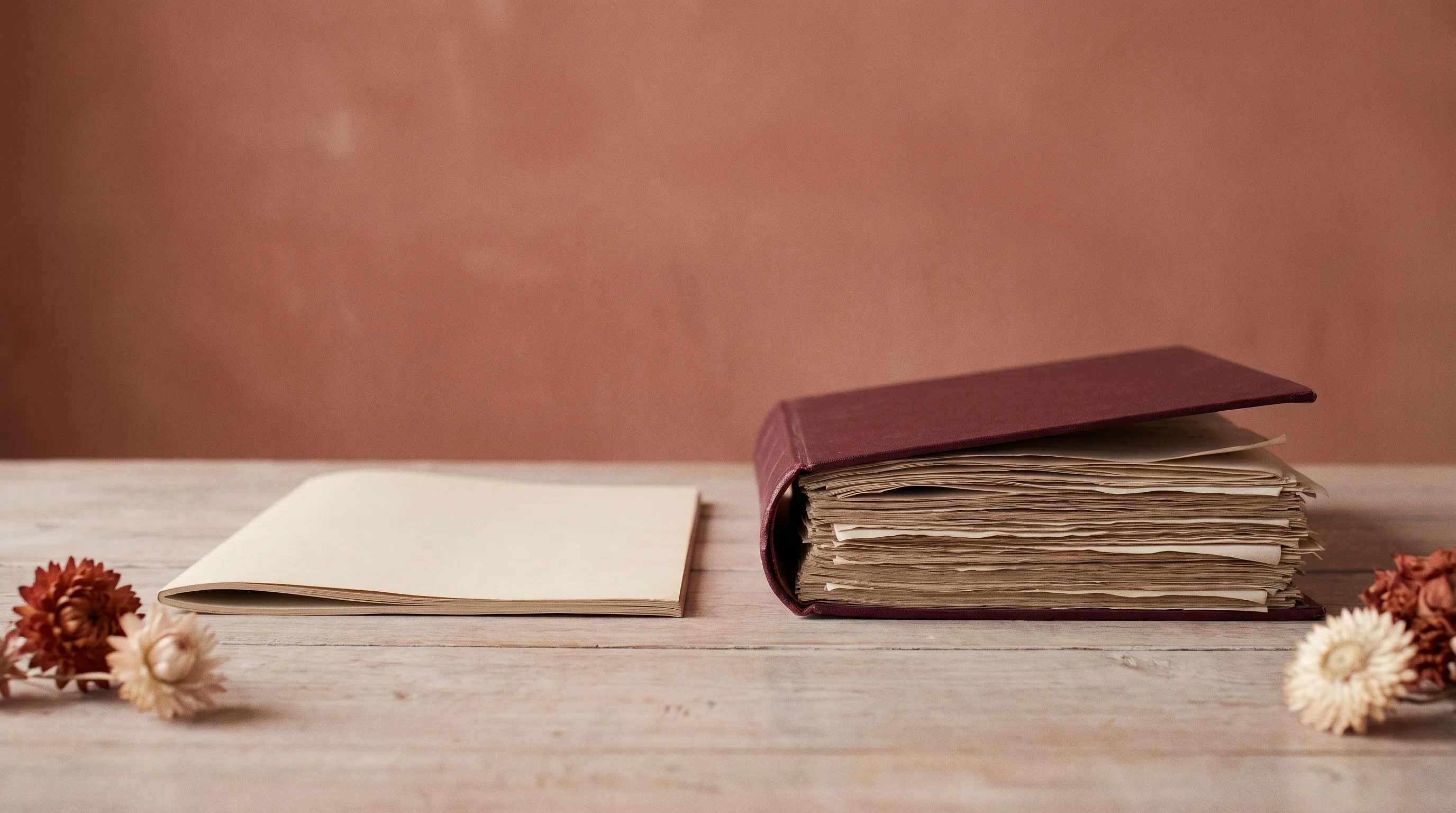 A single thin sheet beside a thick overstuffed ledger on a wooden table