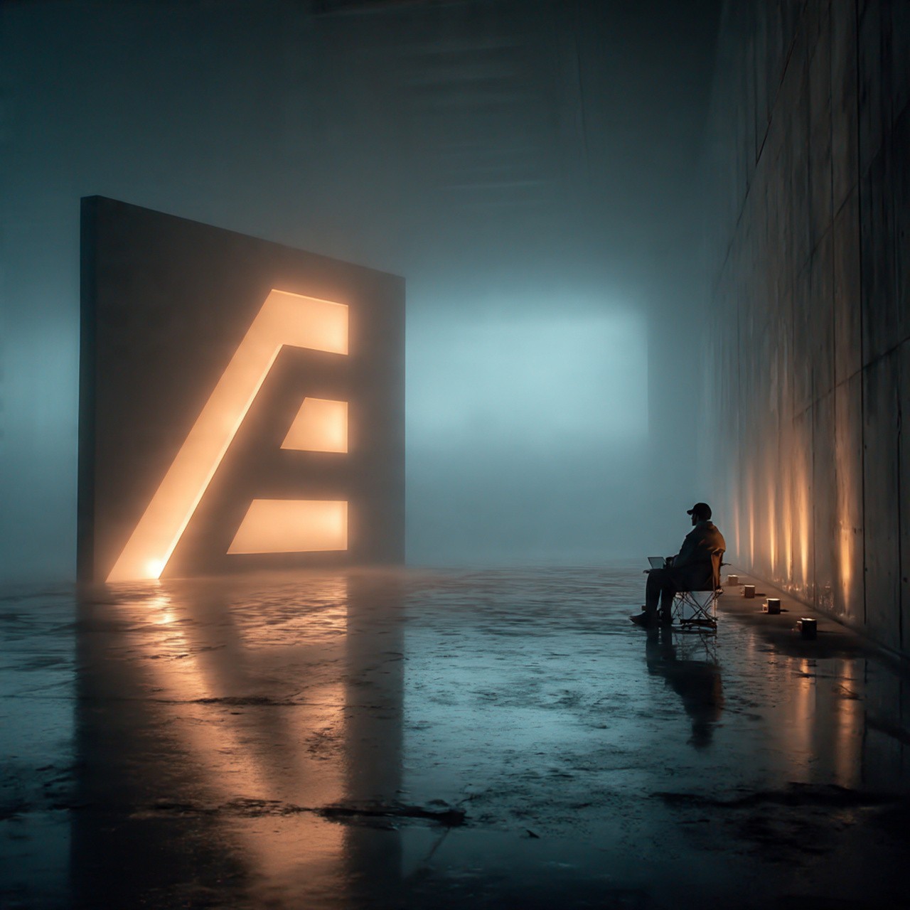 A person sits in a dimly lit, foggy room on a foldable chair, facing a large illuminated geometric shape. The scene conveys solitude and mystery