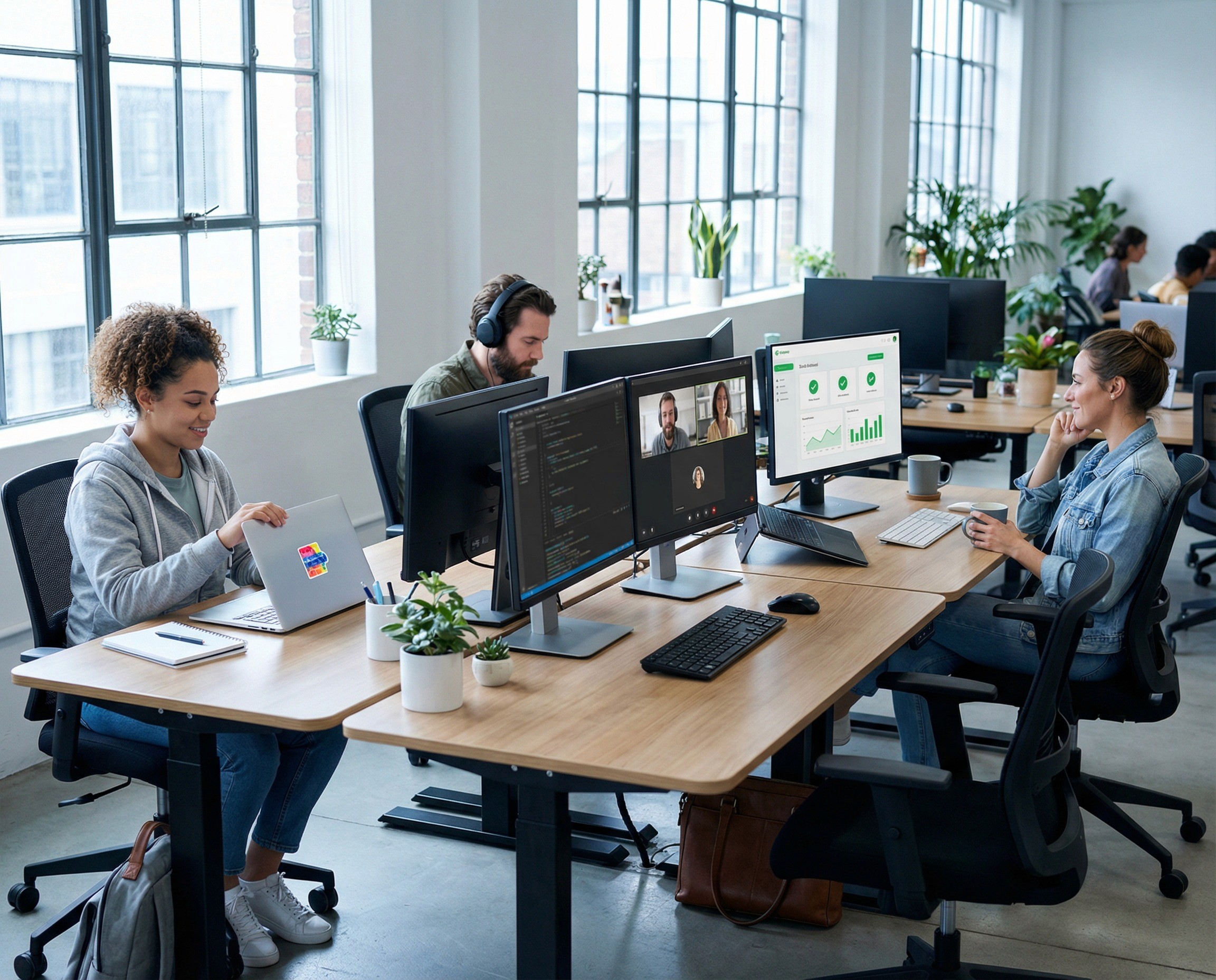 A clean, time-lapse-feeling shot of a tech company's people team workspace — a cluster of three or four desks in a corner of the open-plan office. The shot is taken at a moment of arrival and beginning: one desk has a person sitting down and opening a laptop for what looks like the first time in this workspace — a fresh sticker on the laptop lid, a new notebook beside it, the energy of starting something. The second desk has someone already working, mid-flow, headphones on, two monitors active. The third desk has someone leaning back, finished, coffee in hand, looking at a monitor showing a green-status dashboard — the relaxed posture of completion. The fourth desk is empty, chair pushed in. The three occupied desks read as a compressed timeline: starting, working, done. Four weeks captured in four desks.